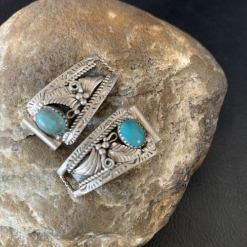 Vintage Navajo Sterling Silver Watch Tips | Old Pawn Blue Turquoise Band | Authentic Native American Jewelry | 12931