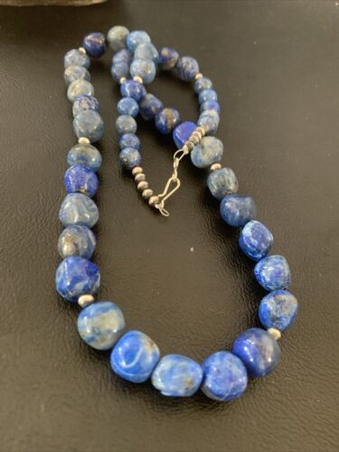 Navajo | Sterling Silver | Handmade Blue Denim Lapis Bead Necklace Pendant | Authentic Native American | 20" | 02206