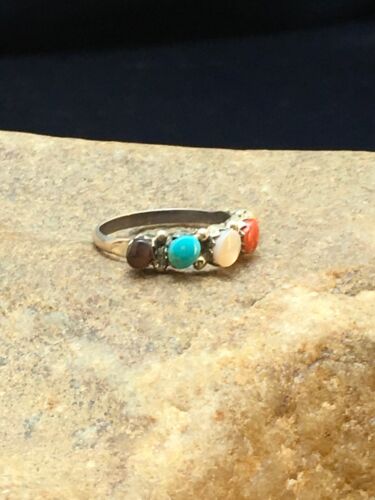 Zuni Blue Opal, Coral, Turquoise Multi-Stone Ring | Authentic Native American Sterling Silver | Multi-Stone | Sz 6.25 | 2501