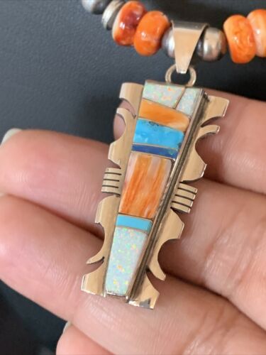 Navajo Turquoise Spiny Oyster Inlay Pendant | Sterling Silver | Authentic Native American Handmade | 11800