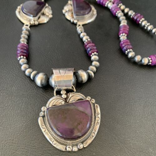 Navajo Pearls Sterling Silver Purple Sugilite Bead Necklace with 3 Pendants | 10869