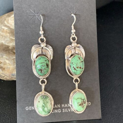 Navajo Green Spiderweb Turquoise Dangle Earrings | Sterling Silver | Authentic Native American Handmade | 13544