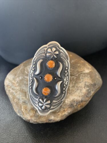 Navajo Orange Spiny Oyster Multi-Stone Ring | Authentic Native American Sterling Silver | Sz 10 Adj | 11658
