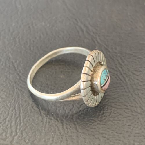 Southwestern Women's Navajo Blue Turquoise Pink Coral Inlay Ring | Sz 7 | 11168