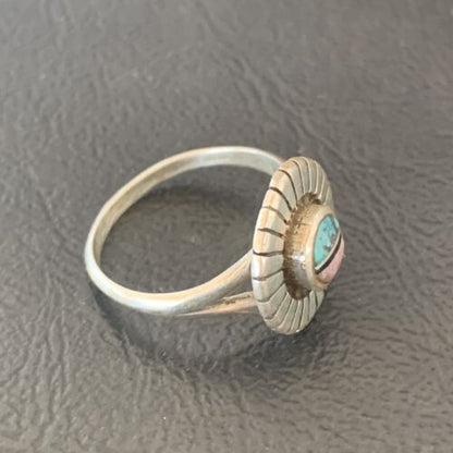 Southwestern Women's Navajo Blue Turquoise Pink Coral Inlay Ring | Sz 7 | 11168