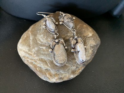 Navajo White Buffalo Turquoise Dangle Earrings | Sterling Silver | 2.5" | Authentic Native American Handmade | 12154