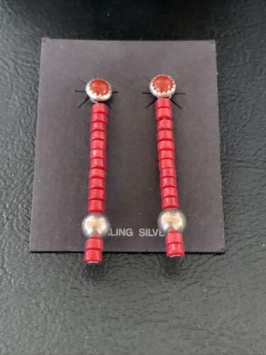 Navajo Pearl Heishi Dangle Earrings | Sterling Silver Red Coral Tube | 1.5" | 13051
