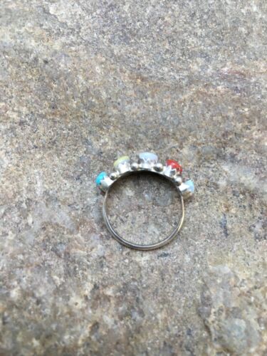 Southwestern Zuni Multi-Stone Ring | Blue Opal Coral Turquoise | Authentic Native American Sterling Silver | Multi-Stone | Sz 5.5 | 9000