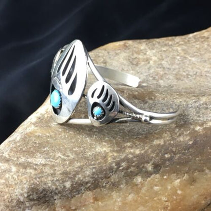 Navajo Turquoise Bear Paw Cuff Bracelet | Sterling Silver | Authentic Native American Handmade | 10242