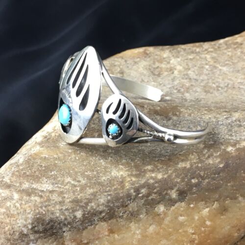 Navajo Turquoise Bear Paw Cuff Bracelet | Sterling Silver | Authentic Native American Handmade | 10242