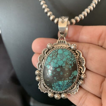 Men's Navajo Blue Spiderweb Turquoise Pendant Necklace | Sterling Silver | Authentic Native American Handmade | 10234