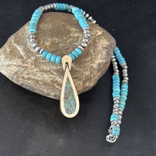 Navajo Blue Turquoise Pendant Necklace | Sterling Silver | 22" | Authentic Native American Handmade | 14603