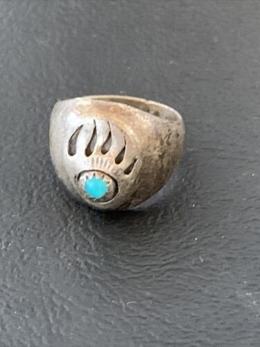 Native American Old Pawn Navajo Bear Paw Blue Turquoise Ring | Sterling Silver | Sz 6 | 2171