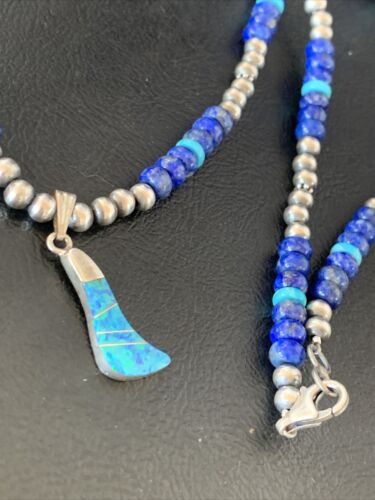 Men's Navajo Blue Lapis Turquoise Opal Inlay Pendant Necklace | Sterling Silver | 22" | 13386