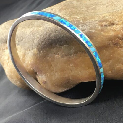 Navajo Blue Opal Inlay Bracelet | Sterling Silver | 8"  Bangle | Authentic Native American Handmade | 10195