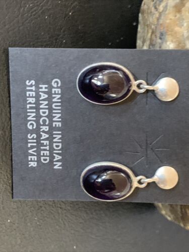 Navajo Black Onyx Post Drop Earrings | Sterling Silver | 0.5" | Authentic Native American Handmade | 12648