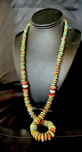 XL Green Turquoise & Red Spiny Oyster Navajo Sterling Silver Necklace | Authentic Native American | 32" | 14790