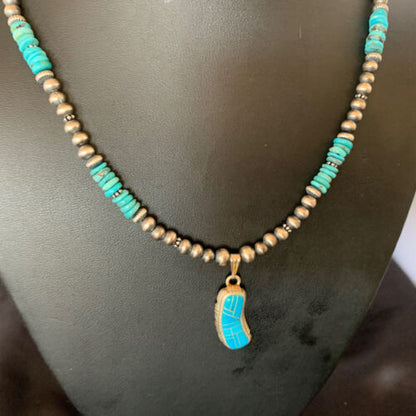 Navajo Pearls Turquoise Necklace with Inlay Pendant | Sterling Silver | 21" | Authentic Native American Handmade | 12579