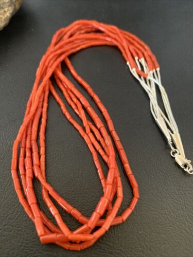Southwestern Natural Red Coral Heishi Necklace | 5 Strand | Sterling Silver | 20" | 1217