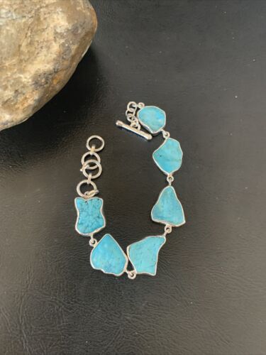 Navajo Blue Kingman Turquoise Rough Link Bracelet | Sterling Silver | 8" | 11649