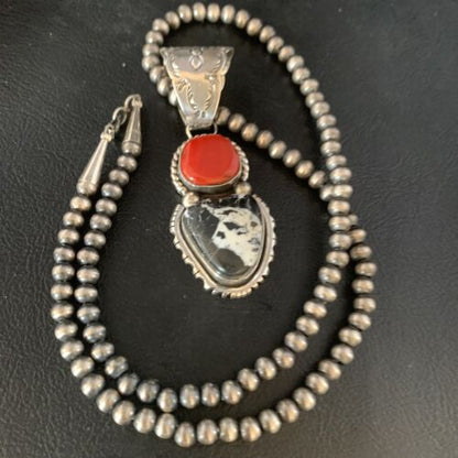 Navajo White Buffalo Turquoise Coral Pendant | Sterling Silver | Multi-Stone Necklace | 13579
