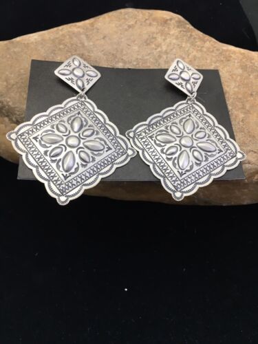 Native American Navajo Stamped Earrings | Sterling Silver | 2.75" | 1733 - Masha USA