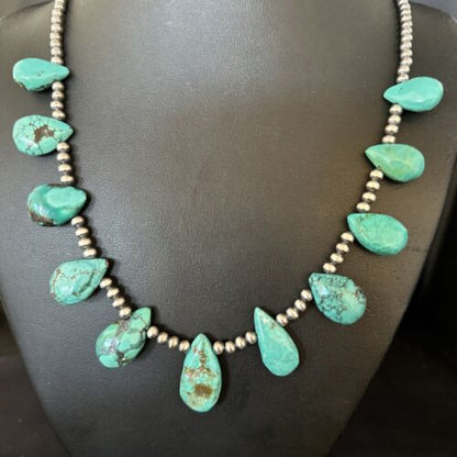 Navajo Teardrop Blue Turquoise Necklace | Sterling Silver Pearls | Authentic Native American Handmade | 14388