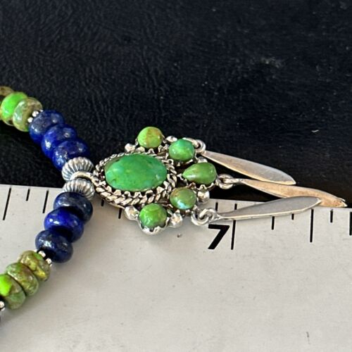 Navajo Green Turquoise Lapis Multi-Stone Necklace Pendant | Authentic Native American Sterling Silver | 14615