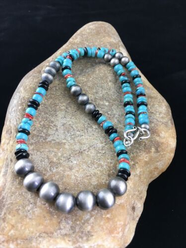Southwestern Navajo Blue Turquoise Spiny Oyster Necklace | Sterling Silver | 18" | 10045