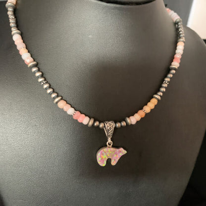Navajo Bear Pink Opal Bead Necklace | Sterling Silver Inlay Pendant | Authentic Native American Handmade | 13459