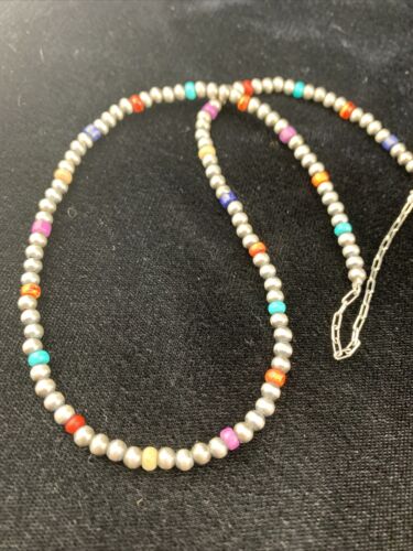 Navajo Pearls 4mm Multi-Color Bead Necklace | Sterling Silver | 18" | Single Strand | Southwestern