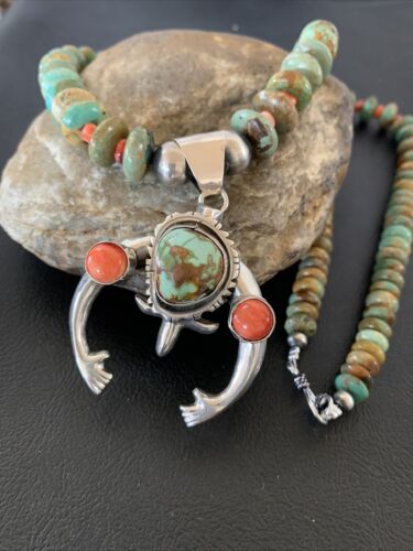 Navajo Green Turquoise Spiny Oyster Pendant Necklace | Authentic Native American Sterling Silver | Naja | 02139