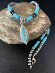 Navajo Inlay Blue Turquoise Onyx Inlay Pendant Necklace | Sterling Silver | Authentic Native American Handmade | 13797