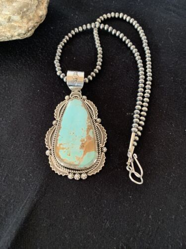 Men's Navajo Pearls Necklace with Blue Royston Turquoise Pendant | Sterling Silver | Native American | 335