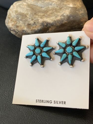 Navajo Blue Cluster Turquoise Stud Earrings | Sterling Silver | Authentic Native American Handmade | 12303