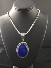 Men's XL Navajo Pearls Necklace Pendant | Sterling Silver Blue Lapis | Authentic Native American Handmade | 10116