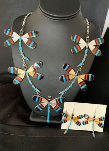 Zuni Dragonfly Necklace Earrings Set | Turquoise Onyx Inlay | Sterling Silver | Authentic Native American Handmade | 14213