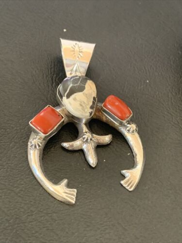 Navajo White Buffalo Turquoise Coral Naja Pendant | Sterling Silver | Authentic Native American Handmade | 11574 - Masha USA
