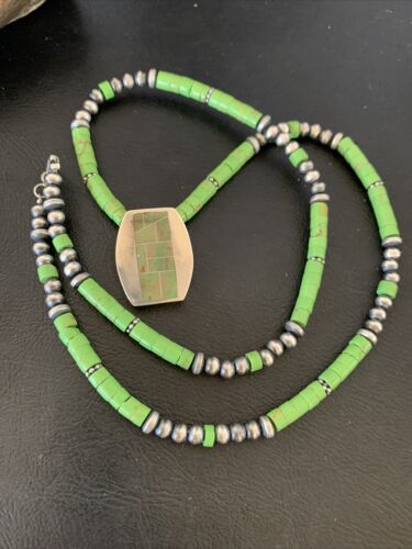 Navajo Green Gaspeite Turquoise Pendant | Sterling Silver | Authentic Native American Handmade | 12345