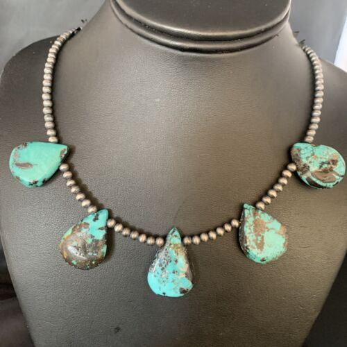 Navajo Teardrop Blue Turquoise Necklace | Sterling Silver Pearls | 20" | Authentic Native American Handmade | 13961