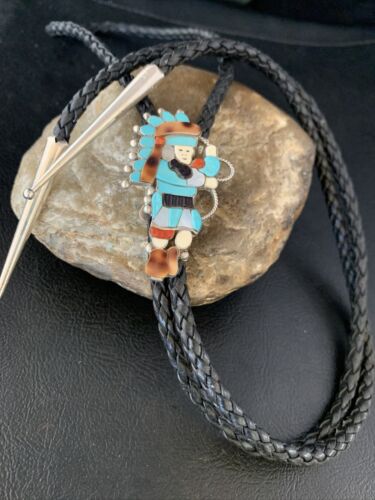 Men's Bolo Tie | Zuni Kachina | Blue Kingman Turquoise & Coral | Sterling Silver | 13672