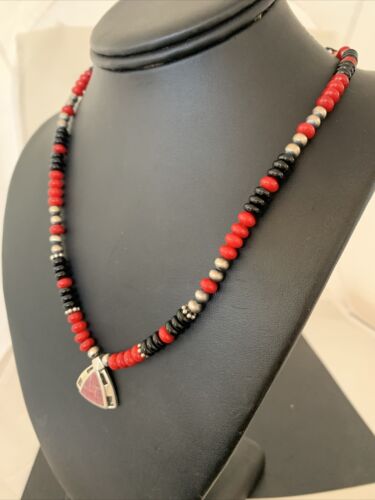 Navajo Pearls Necklace Pendant | Sterling Silver Onyx & Coral Inlay | Authentic Native American Handmade | 1930