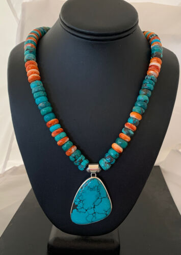 Navajo Pearls Spiderweb Spiny Oyster Turquoise Necklace Pendant | Sterling Silver | Southwestern Native American | 00833