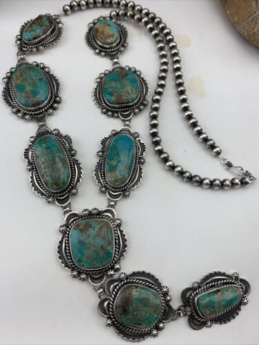 Navajo Sterling Silver Lariat Necklace with Royston Turquoise Squash Pendant | 01546