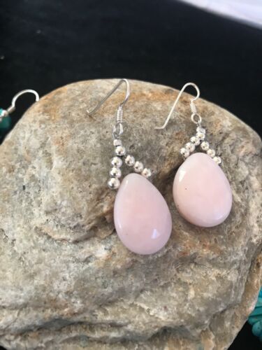 Navajo Pink Opal Bead Dangle Drop Earrings | Sterling Silver | Authentic Native American Handmade | 00304
