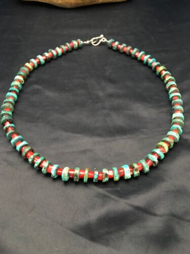 Turquoise Heishi 10mm Bamboo Coral Necklace | Navajo Sterling Silver | Native American Handmade | 20" |