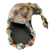 Navajo Green Turquoise & Orange Spiny Oyster Necklace | Sterling Silver | 23" | Authentic Native American Handmade | 1846