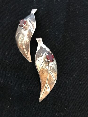 Handmade Feather Garnet Earrings | Old Pawn Sterling Silver | 2" | 13064 - Masha USA