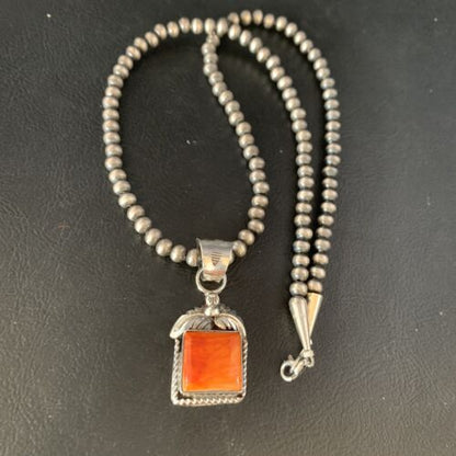 Navajo Orange Spiny Oyster Pendant | Sterling Silver Square Necklace | Authentic Native American Handmade | 13641
