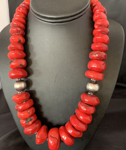 Native Navajo Red Coral Sterling Silver Bead Necklace 21" Graduated 13160